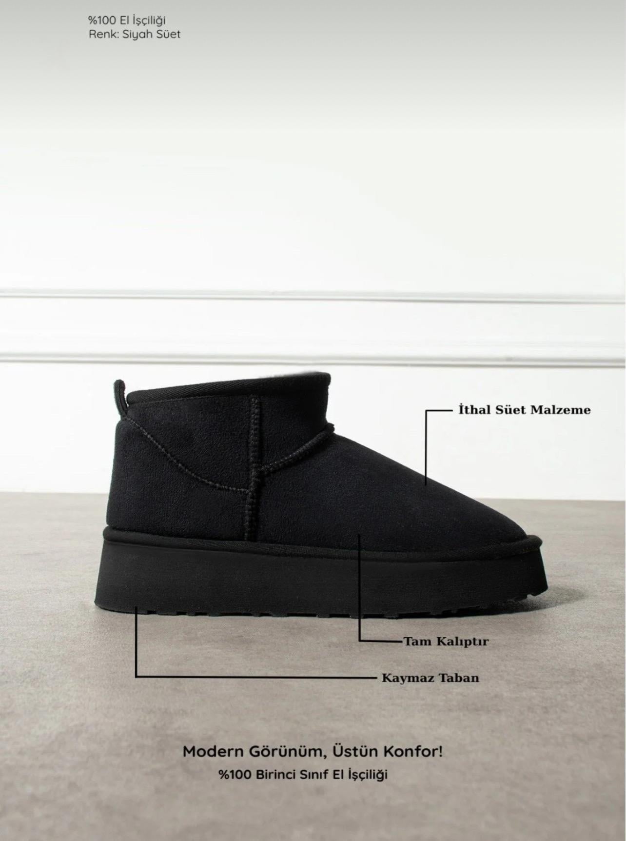 Extra Shoes İstanbul Mini Siyah Süet İçi Kürklü Kalın Taban Kadın Bot