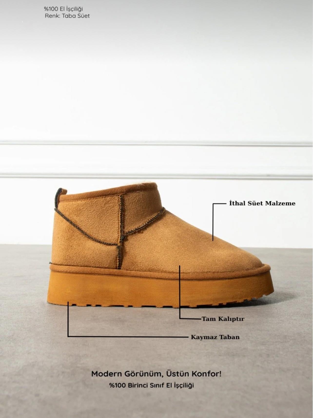 Extra Shoes İstanbul Mini Taba Süet İçi Kürklü Kalın Taban Kadın Bot