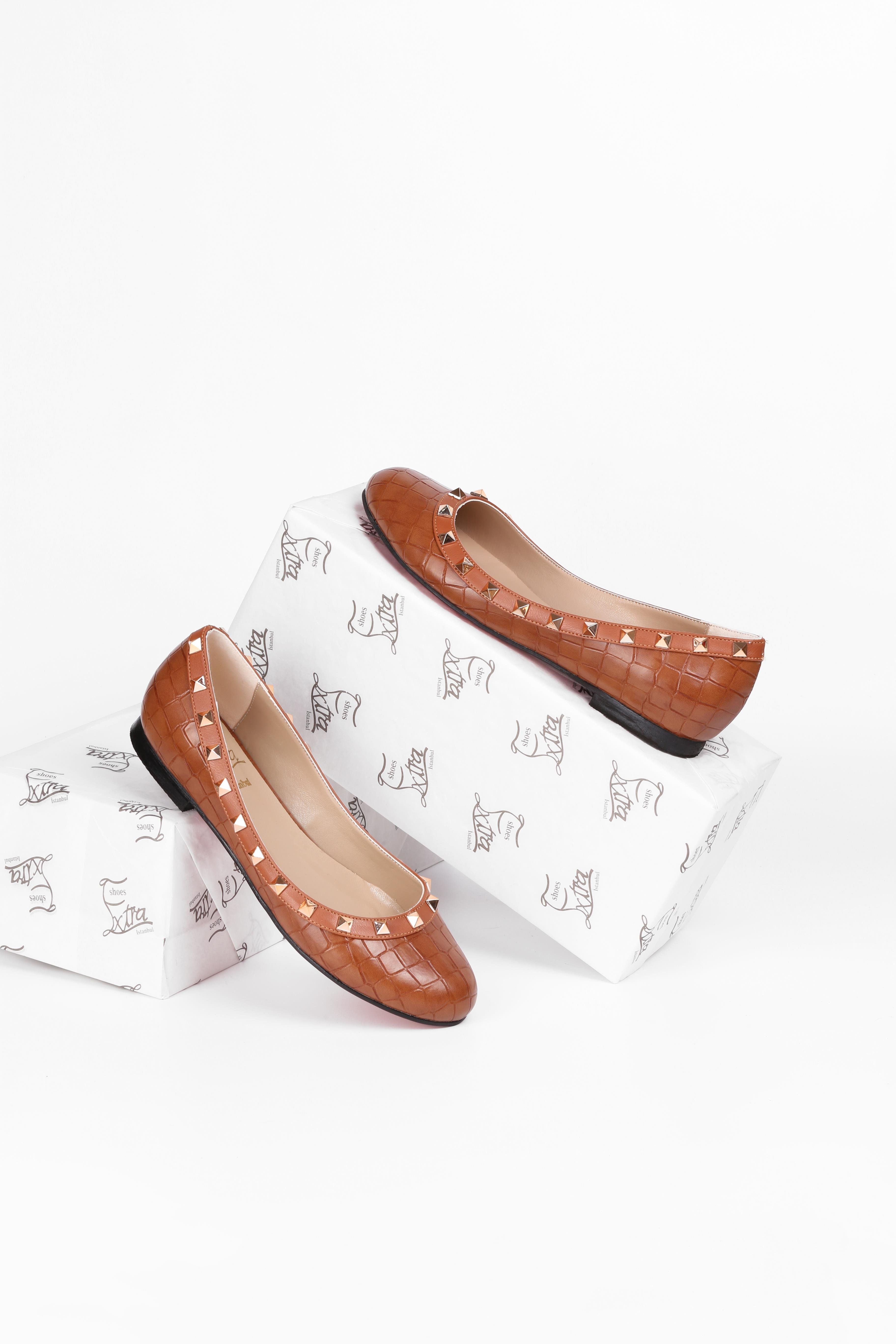 Extra Shoes İstanbul Taba Kroko Cilt Kepsün Detaylı Günlük Kadın Babet