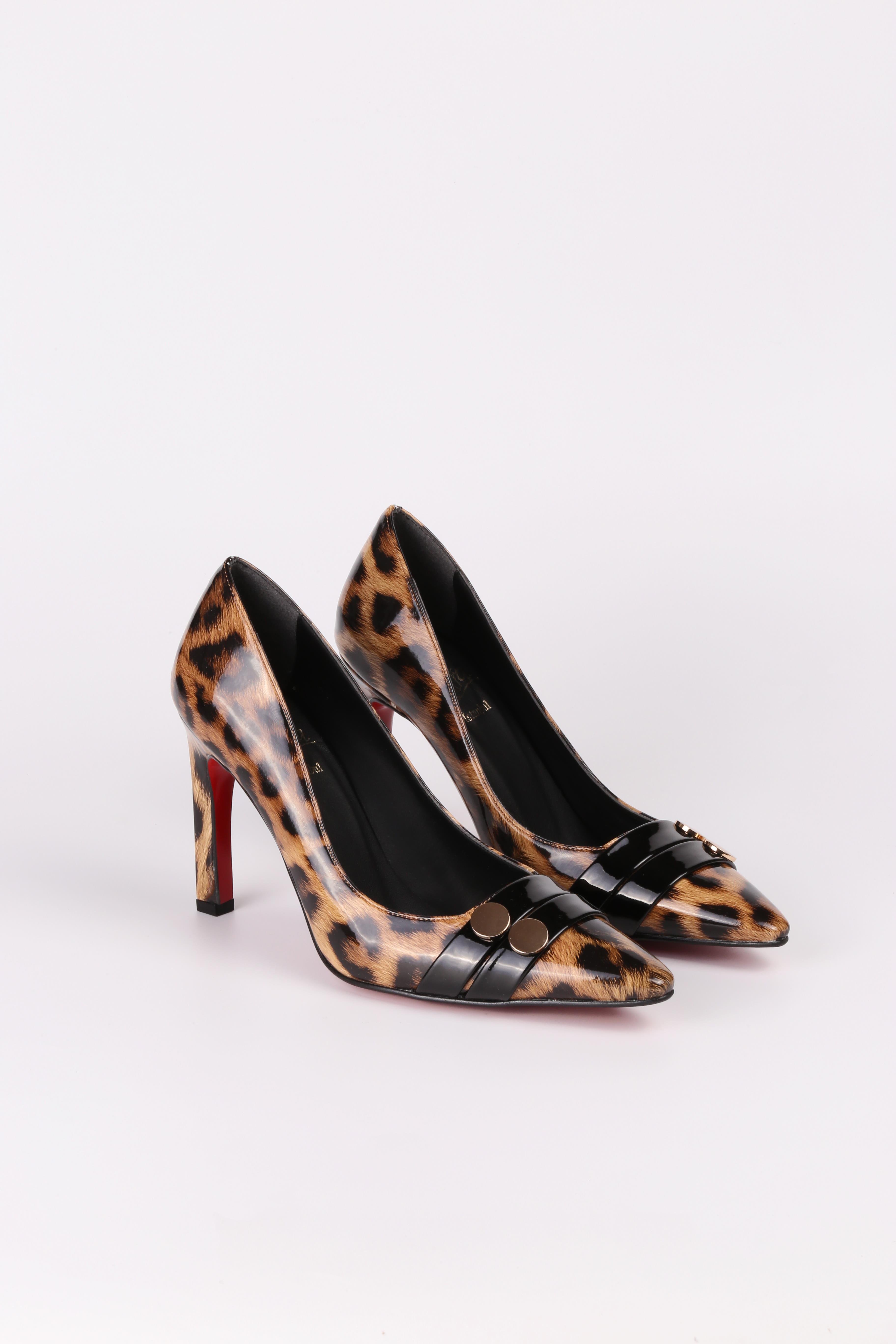 Kadın Leopar Rugan  Desenli Altın Toka Detaylı Aynalı Jurdan Stiletto