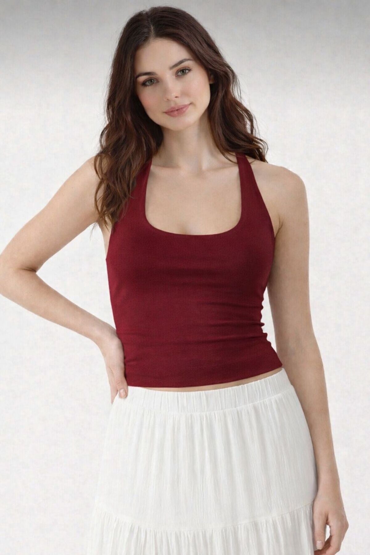 Yumuşak Viskon Halter Yaka Çift Kat Crop Top Body 0090