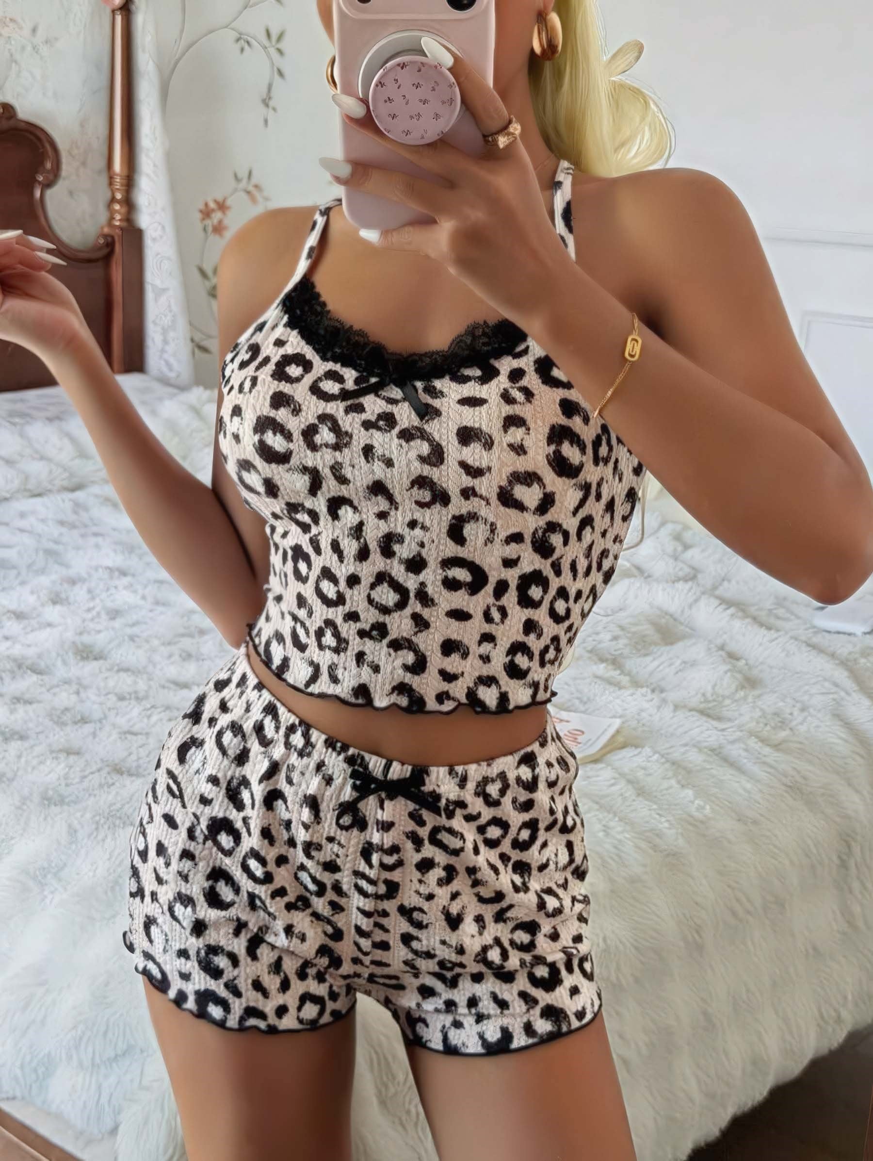 Kadın Leopar Detaylı  Şortlu Pijama Takım 5187