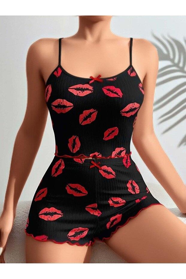 Kadın Siyah Dudak Desenli Şortlu Pijama Takımı 5057