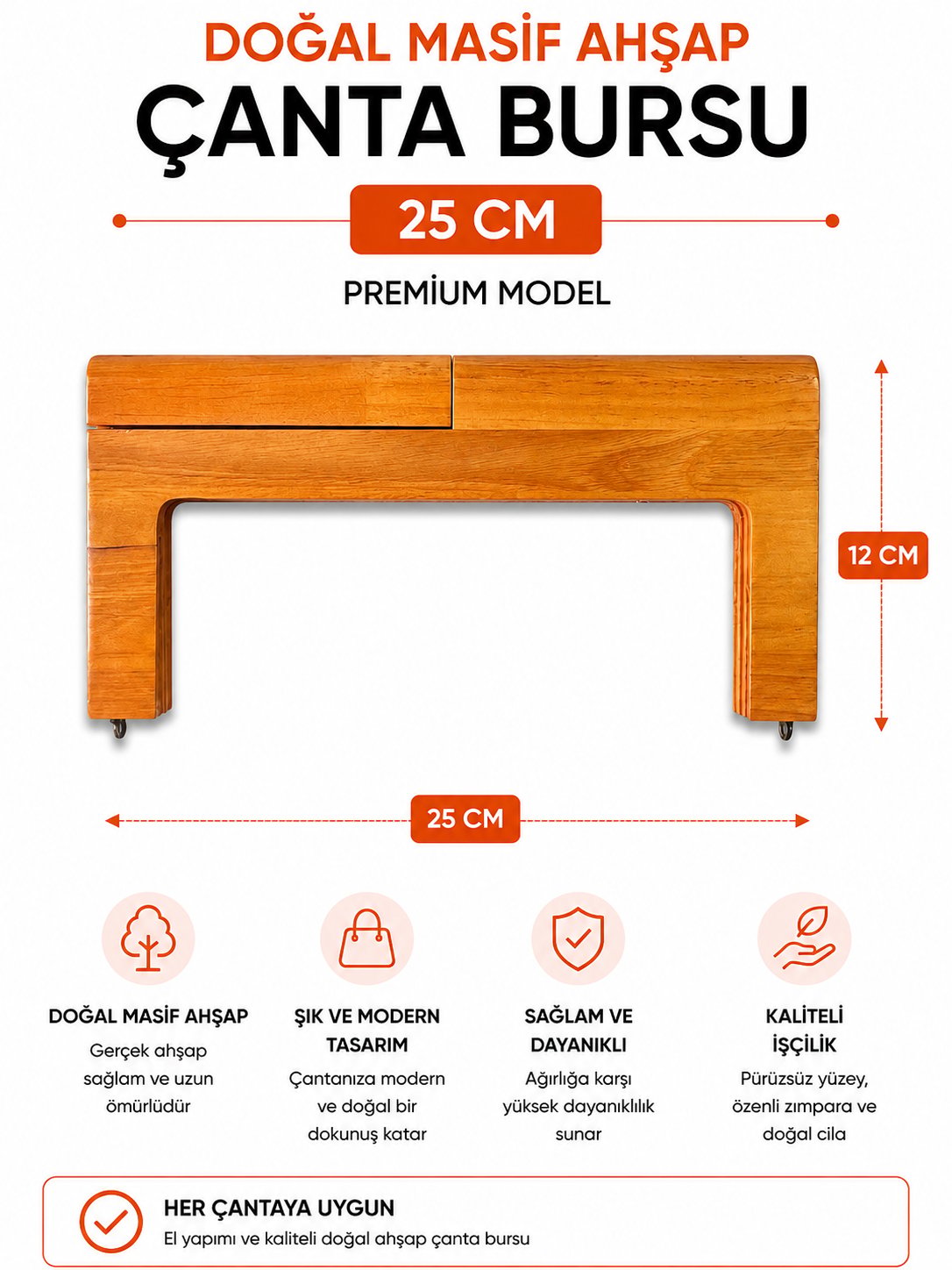  Ahşap Çanta Bursu Düz 24cm, Ahşap
