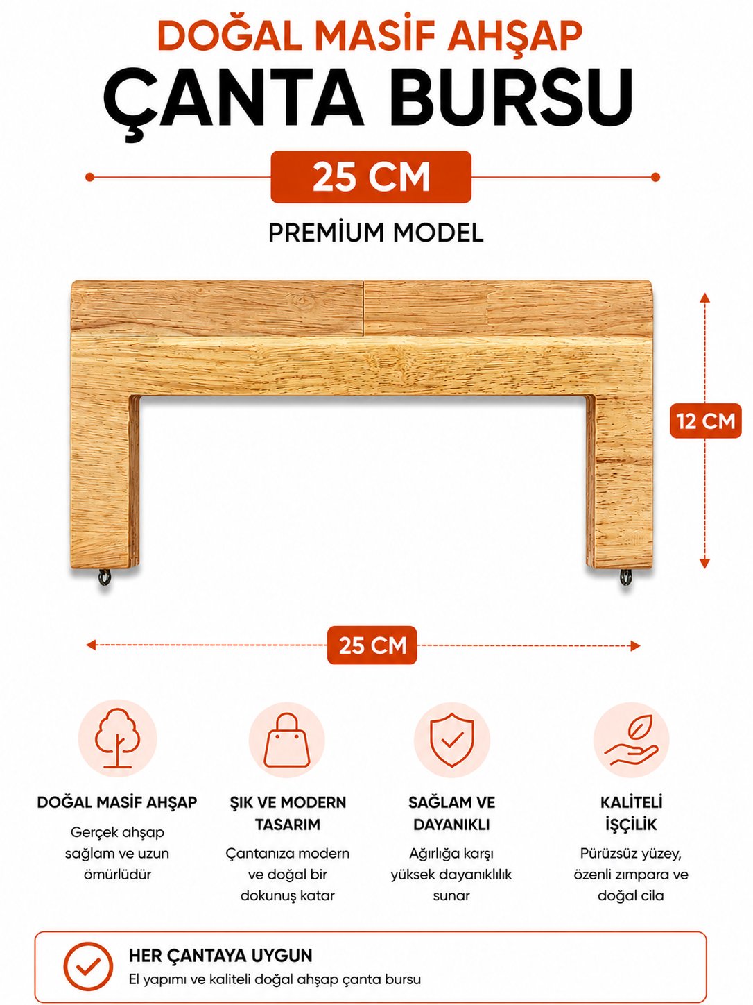  Ahşap Çanta Bursu Düz 24cm, Krem