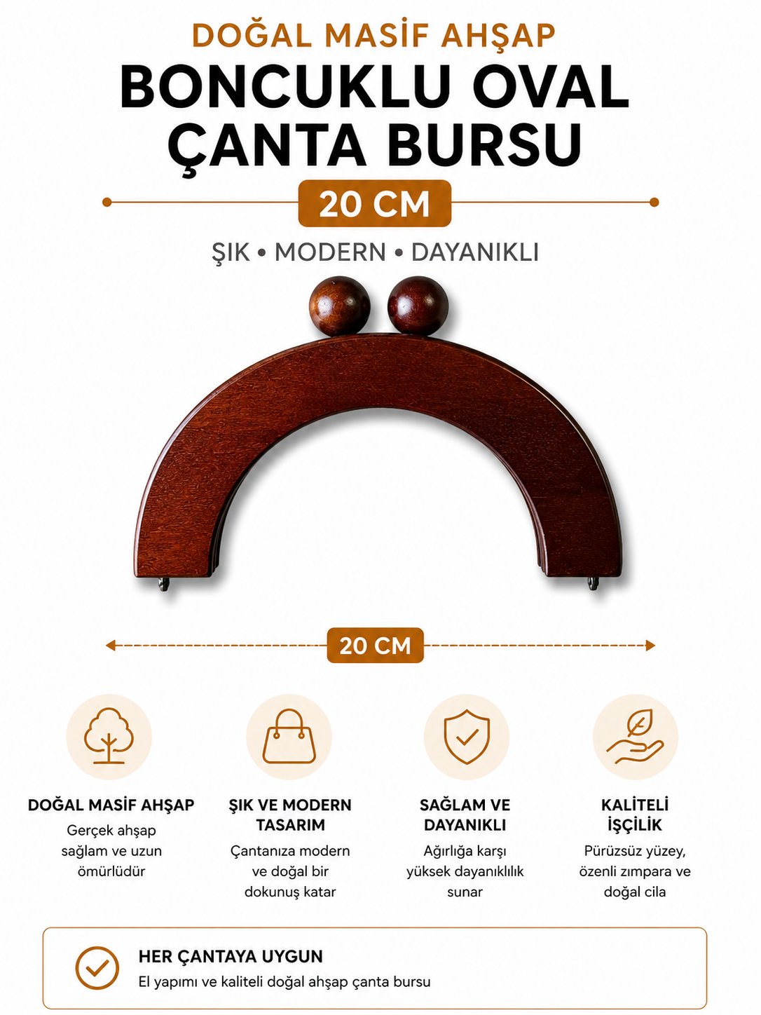  Oval Ahşap Boncuklu Çanta Bursu, Kahverengi