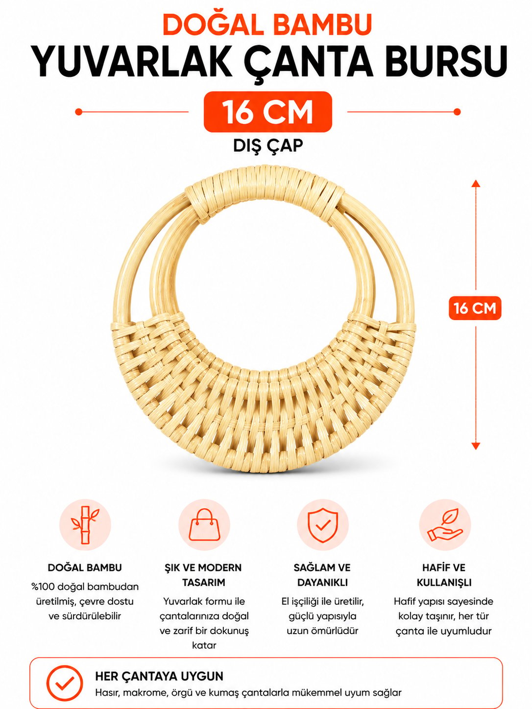  Vollen Yarn Doğal Bambu Çanta Bursu 16cm ,Naturel