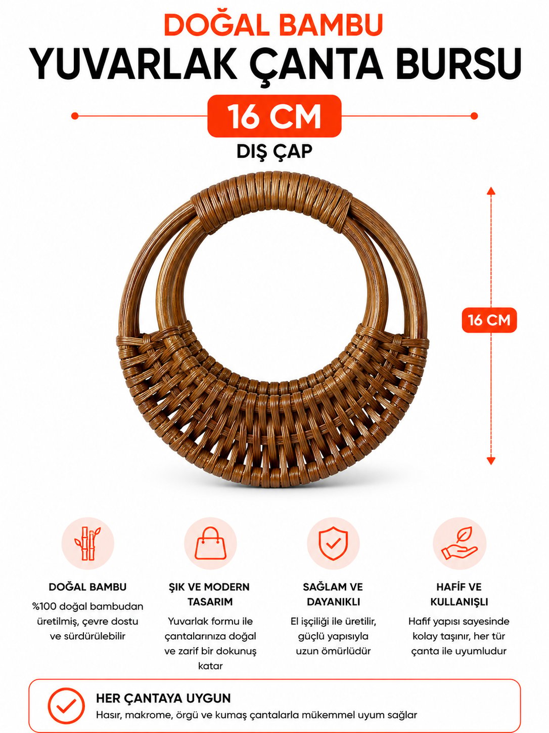  Vollen Yarn Doğal Bambu Çanta Bursu 16cm ,Kahve