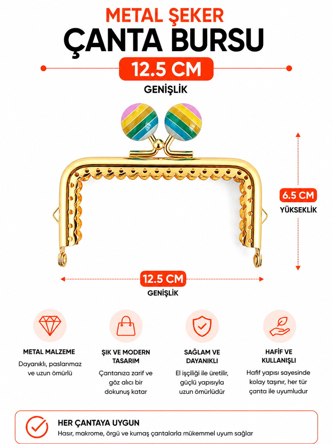  Vollen Yarn Lolipop Model Kare Çanta/Cüzdan Klipsi 10,5 Cm , Gold
