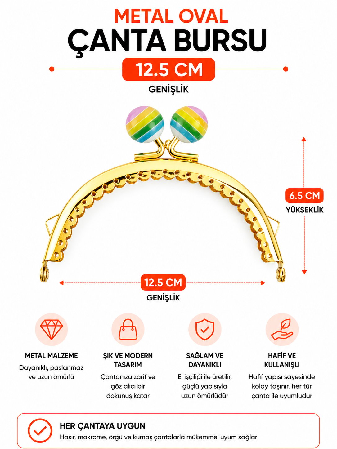  Vollen Yarn Lolipop Model Oval Çanta/Cüzdan Klipsi 10,5 Cm , Gold