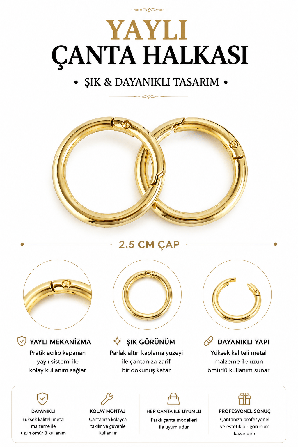  Vollen Yarn Yaylı çanta halkası 25 mm (1 Çift) ,Altın