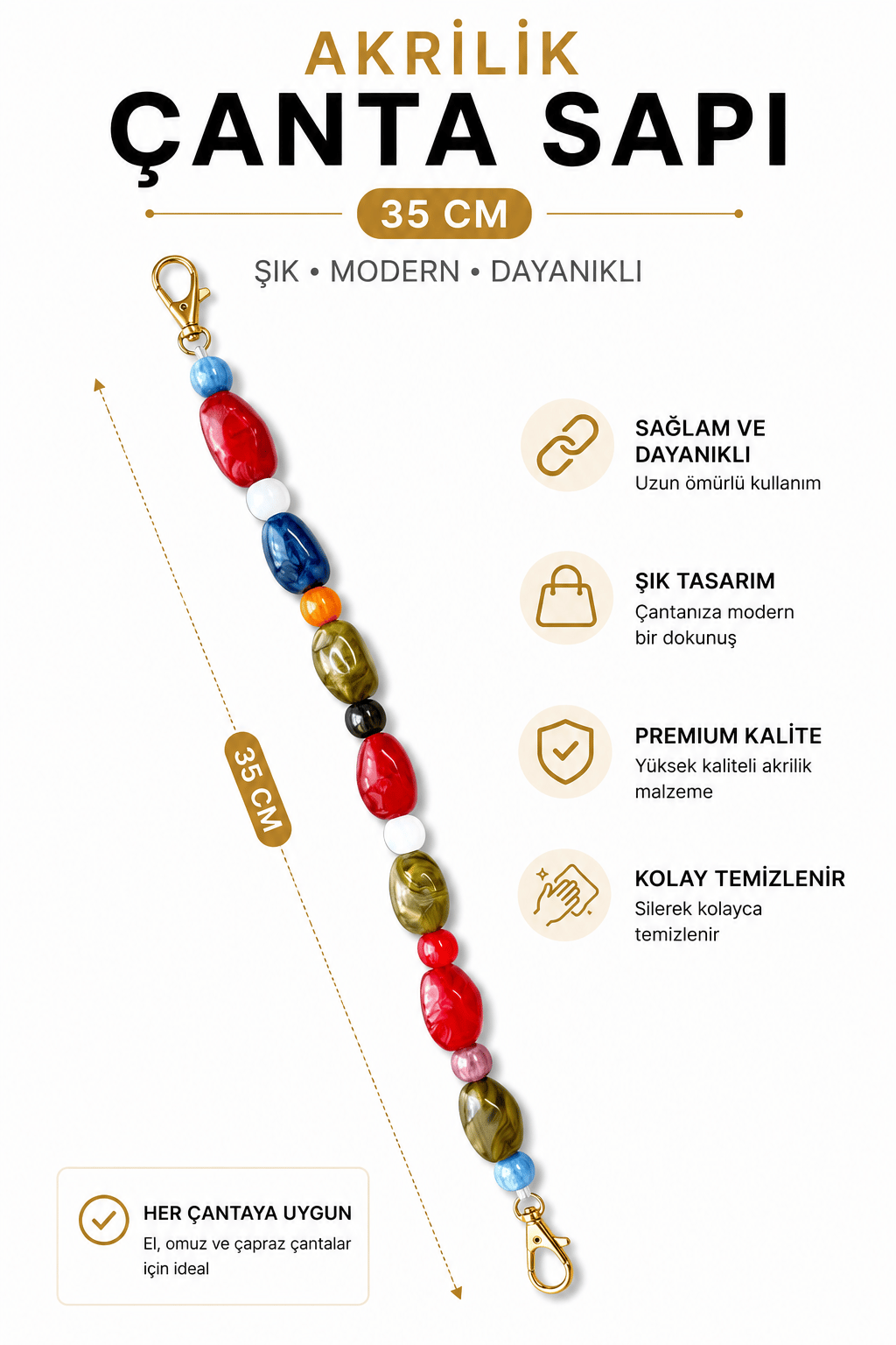 Akrilik Çanta Sapı 35 cm 1 Adet Klipsli Çanta Askısı El Yapımı Çanta Aksesuarı, Model 4