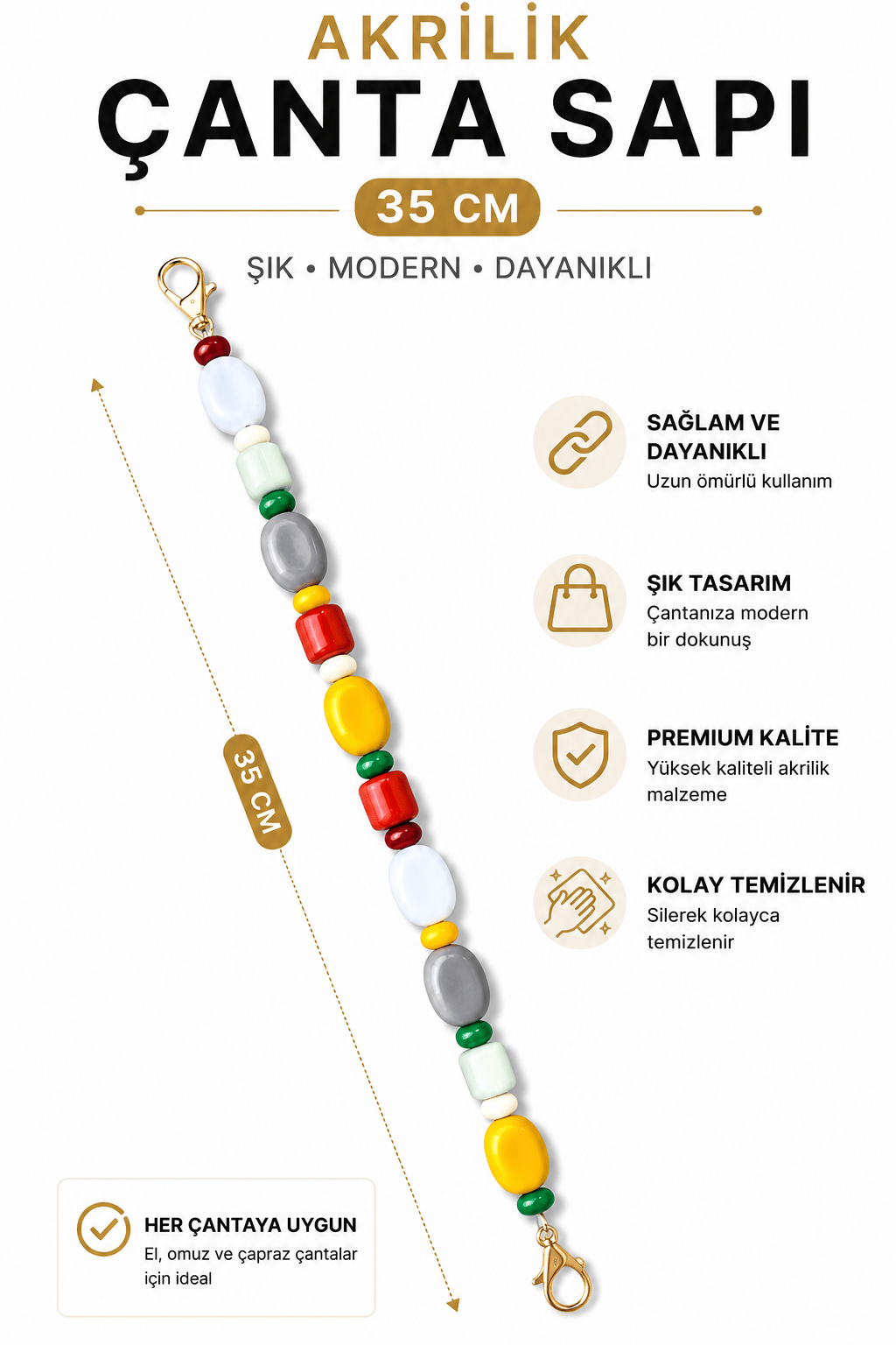 Akrilik Çanta Sapı 35 cm 1 Adet Klipsli Çanta Askısı El Yapımı Çanta Aksesuarı, Model 6