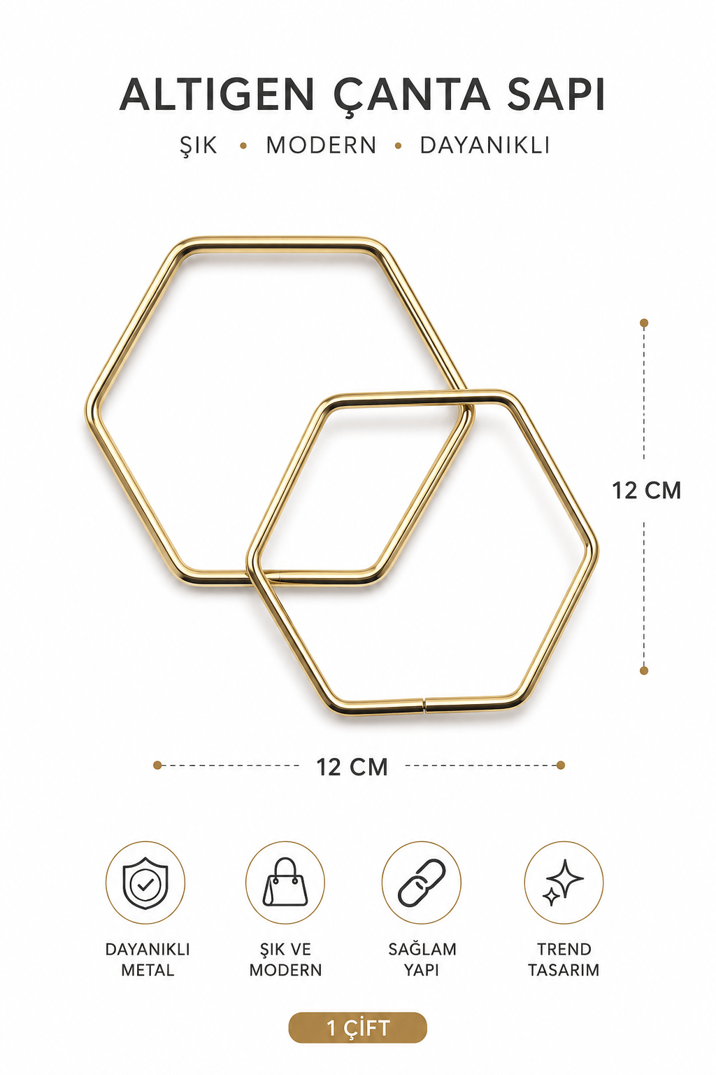 Altıgen Metal Çanta Sapı 12 cm 1 Çift (2 Adet) Geometrik Çanta Kulpu El Yapımı Çanta Aksesuarı,Altın Sarısı