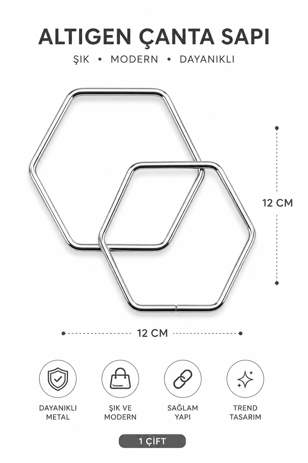 Altıgen Metal Çanta Sapı 12 cm 1 Çift (2 Adet) Geometrik Çanta Kulpu El Yapımı Çanta Aksesuarı,Gümüş