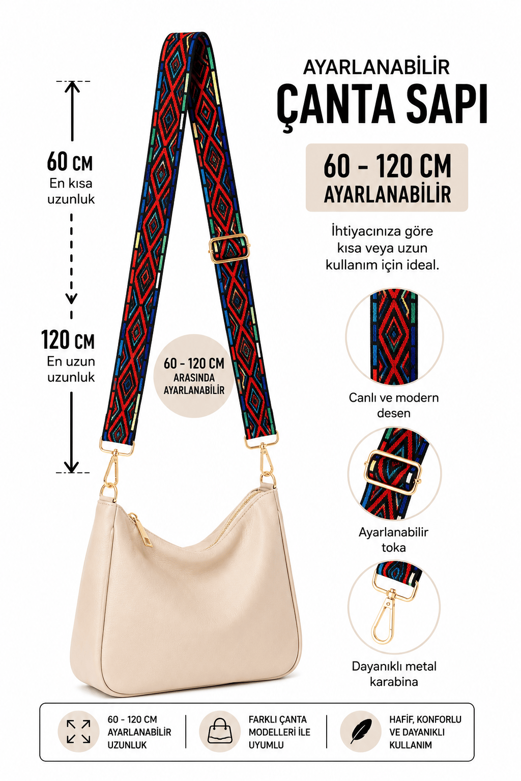 Ayarlanabilir Desenli Çanta Askısı 60-120 cm Omuz Askısı Kumaş Çanta Sapı Metal Karabinalı Çapraz Çanta Askısı,2