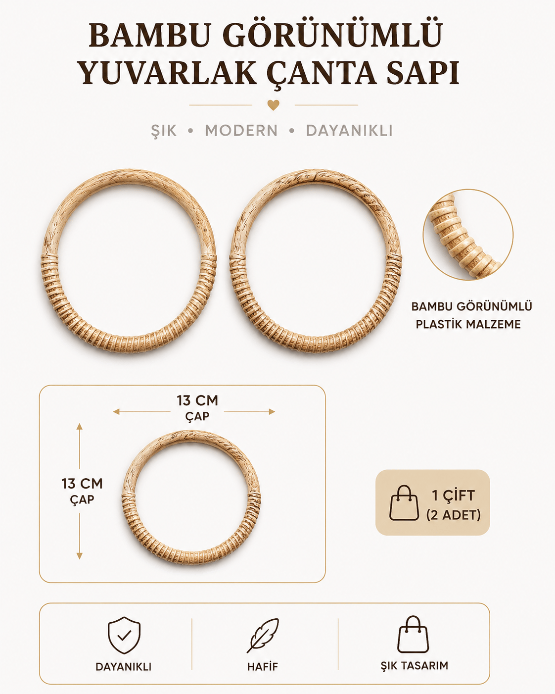 Bambu Görünümlü Yuvarlak Çanta Sapı 13 cm 1 Çift (2 Adet) Plastik Çanta Kulpu Örgü Makrome Rafya Çanta Sapı, 2