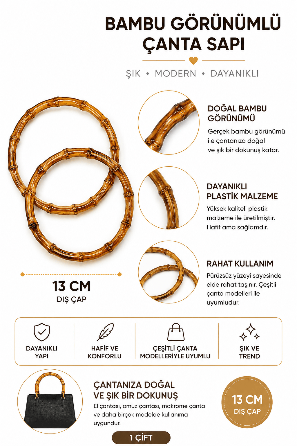 Bambu Görünümlü Yuvarlak Çanta Sapı 13 cm 1 Çift (2 Adet) Plastik Çanta Kulpu Örgü Makrome Rafya Çanta Sapı, 1