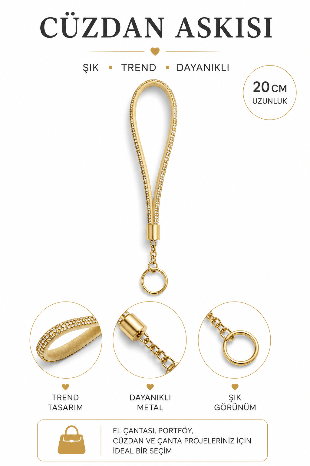 Cüzdan Askısı 20 cm El Askılığı Bilek Askısı Metal Halkalı Cüzdan ve Çanta Aksesuarı,Altın Sarısı
