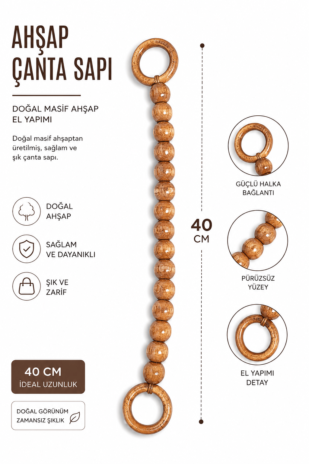 Doğal Masif Ahşap Çanta Sapı 40 cm El Yapımı Boncuklu Çanta Kulpu Dayanıklı Çanta Aksesuarı, Masif
