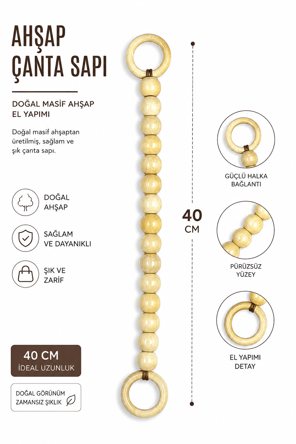Doğal Masif Ahşap Çanta Sapı 40 cm El Yapımı Boncuklu Çanta Kulpu Dayanıklı Çanta Aksesuarı, Naturel
