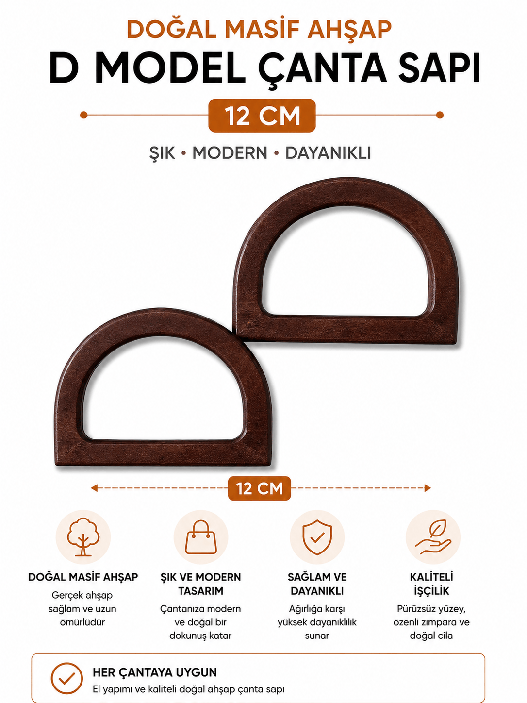 Doğal Masif Ahşap D Model Çanta Sapı 12 cm 1 Çift 2 Adet El Yapımı Çanta Kulpu,Kahverengi