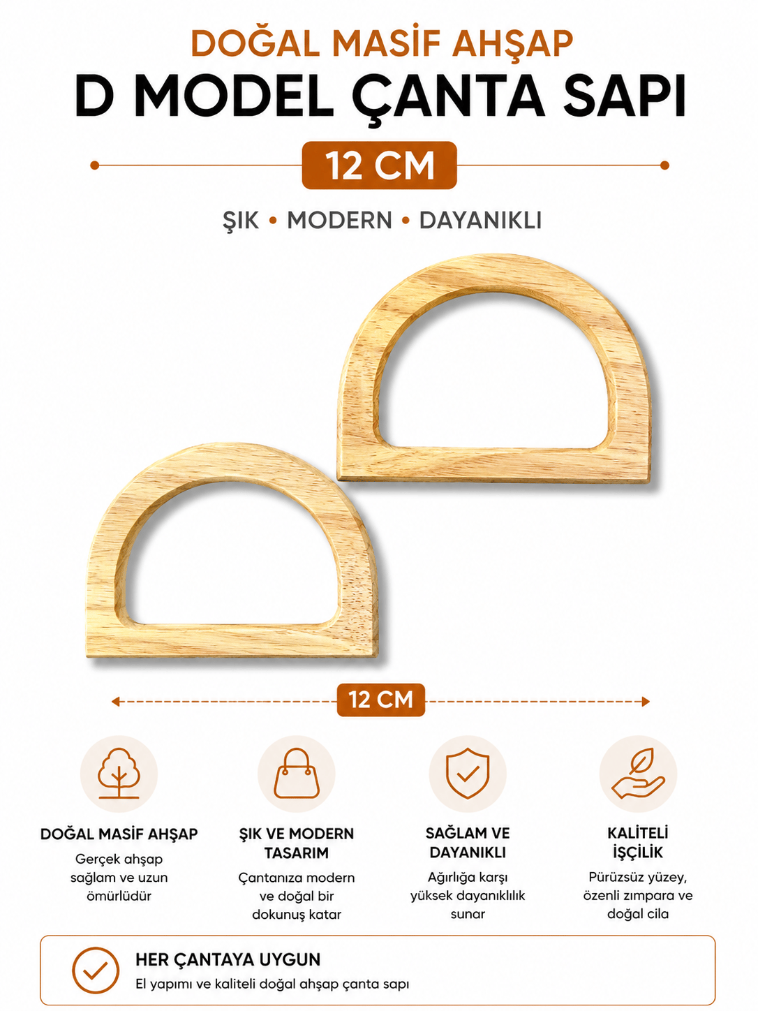 Doğal Masif Ahşap D Model Çanta Sapı 12 cm 1 Çift 2 Adet El Yapımı Çanta Kulpu,Naturel