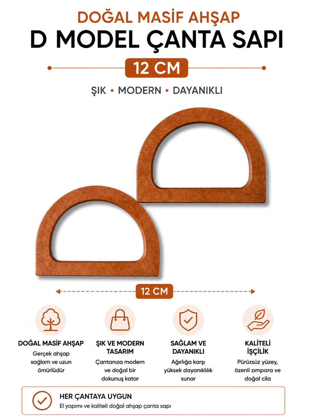Doğal Masif Ahşap D Model Çanta Sapı 12 cm 1 Çift 2 Adet El Yapımı Çanta Kulpu,Masif