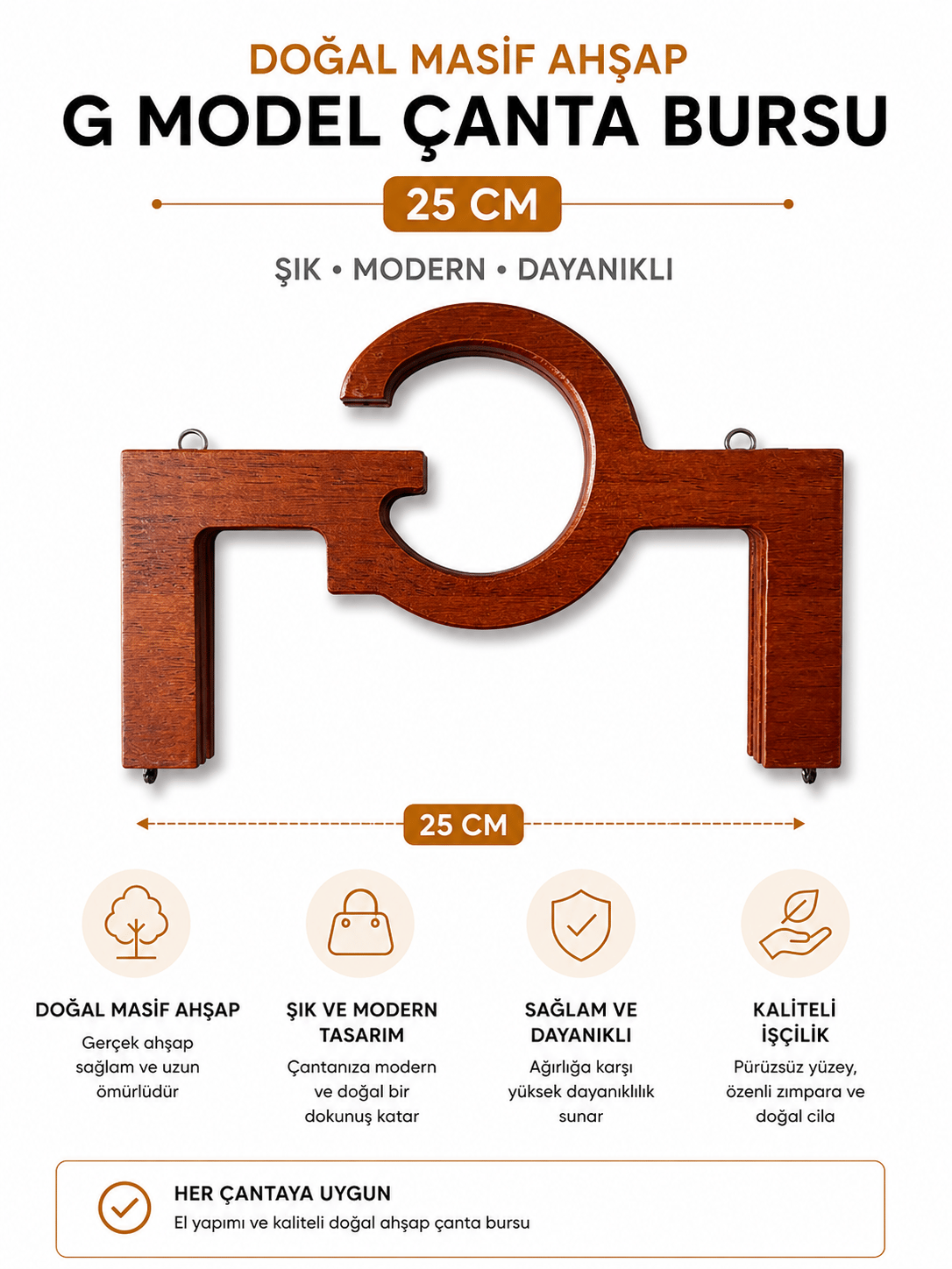 Doğal Masif Ahşap G Model Çanta Bursu 25 cm El Yapımı Çanta Çerçevesi Çanta Aparatı Çanta Aksesuarı, Kahverengi