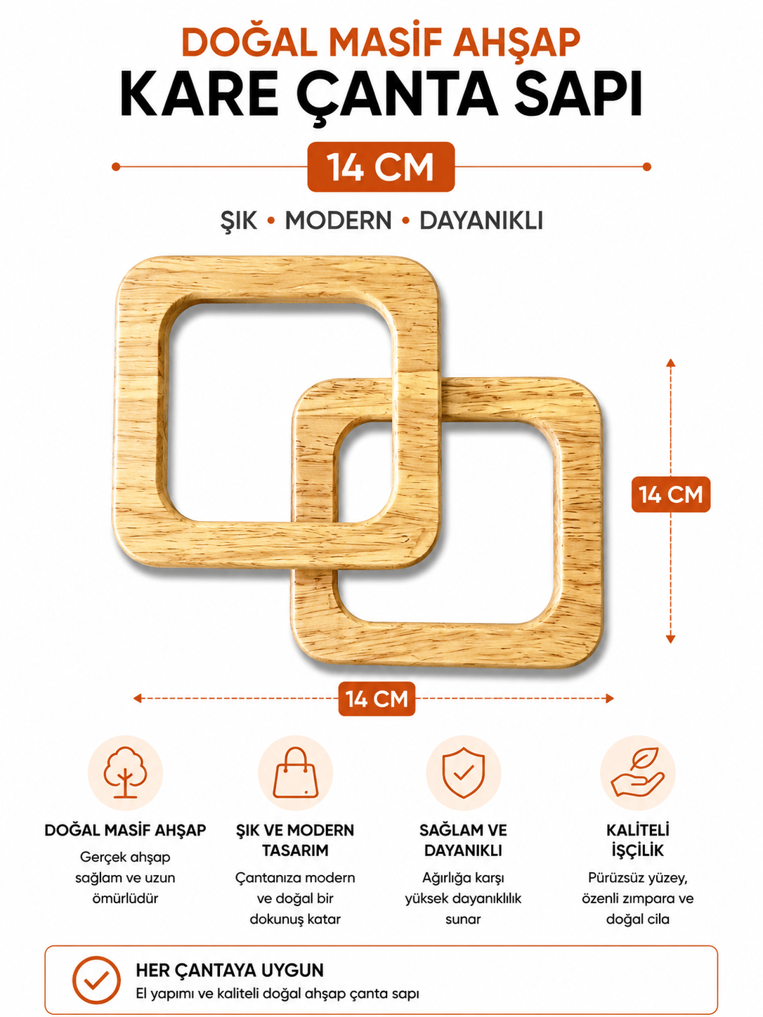 Doğal Masif Ahşap Kare Çanta Sapı 14 cm 1 Çift (2 Adet) El Yapımı Çanta Kulpu Çanta Aksesuarı,Naturel