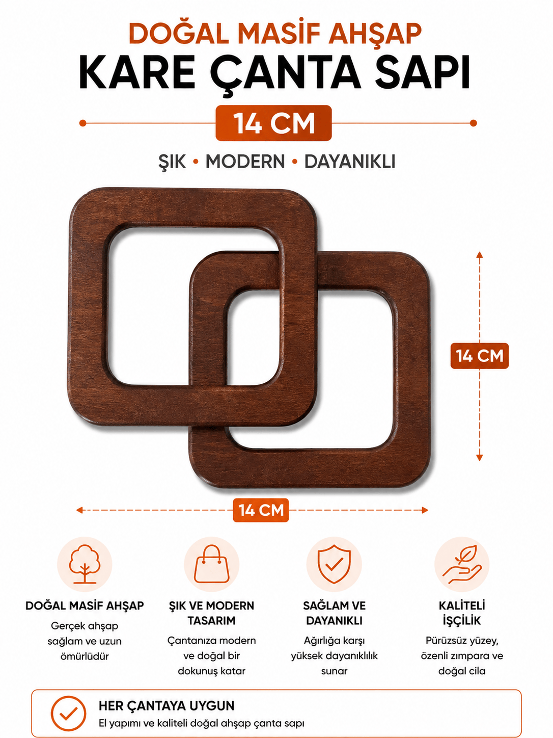 Doğal Masif Ahşap Kare Çanta Sapı 14 cm 1 Çift (2 Adet) El Yapımı Çanta Kulpu Çanta Aksesuarı,kahverengi