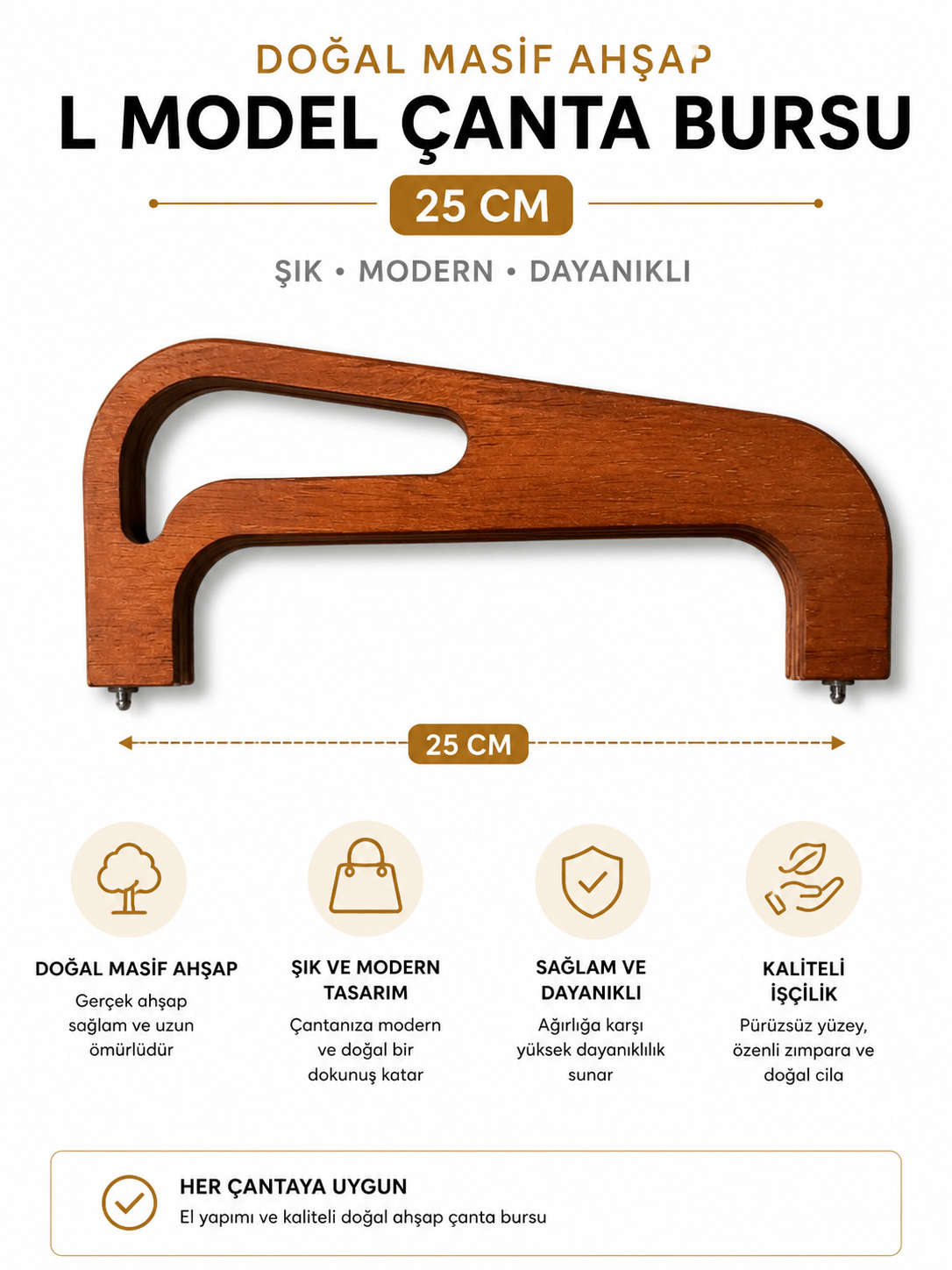 Doğal Masif Ahşap L Model Çanta Bursu 25 cm El Yapımı Çanta Çerçevesi Çanta Aparatı Çanta Aksesuarı,Masif