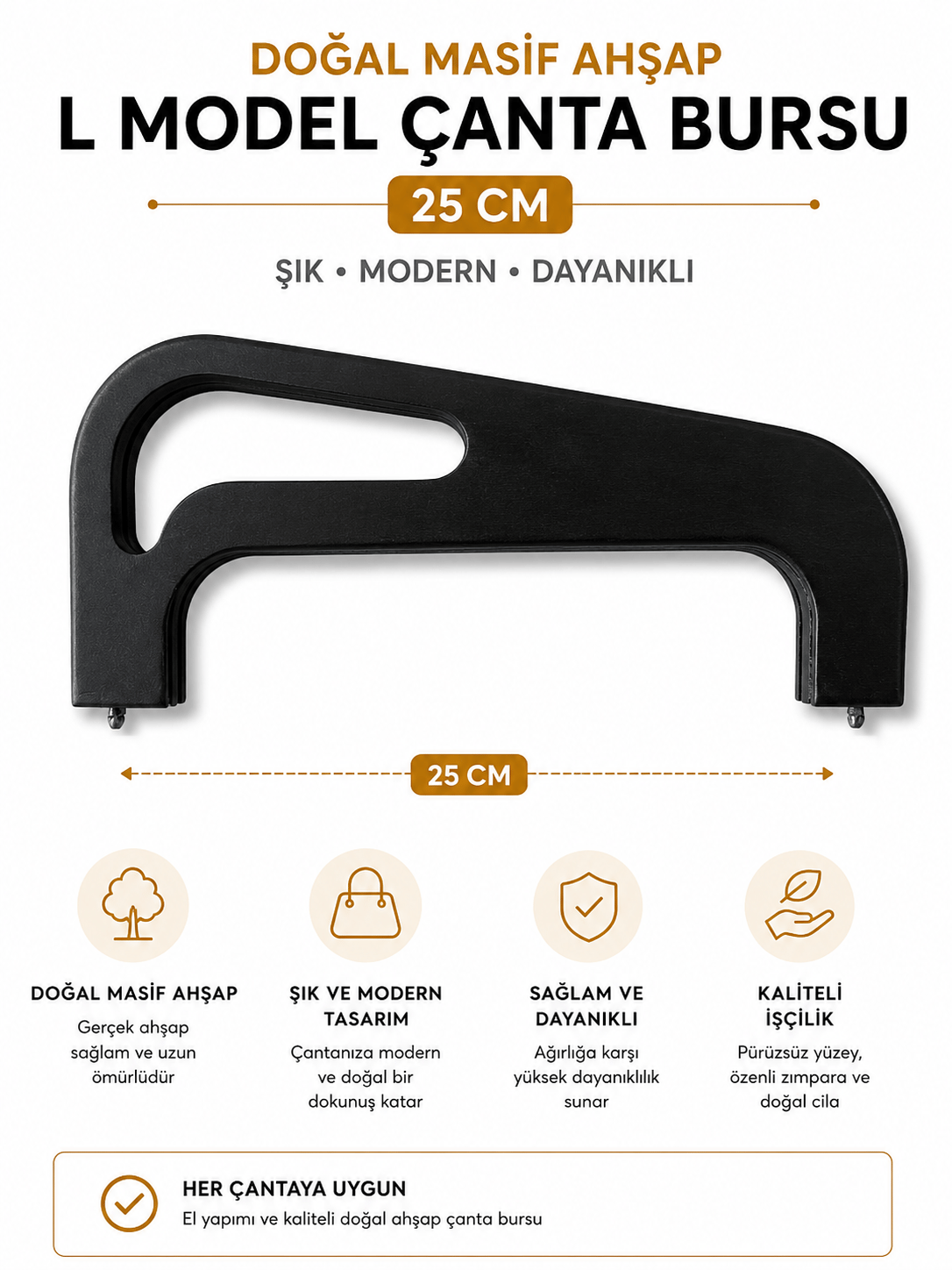 Doğal Masif Ahşap L Model Çanta Bursu 25 cm El Yapımı Çanta Çerçevesi Çanta Aparatı Çanta Aksesuarı, Siyah