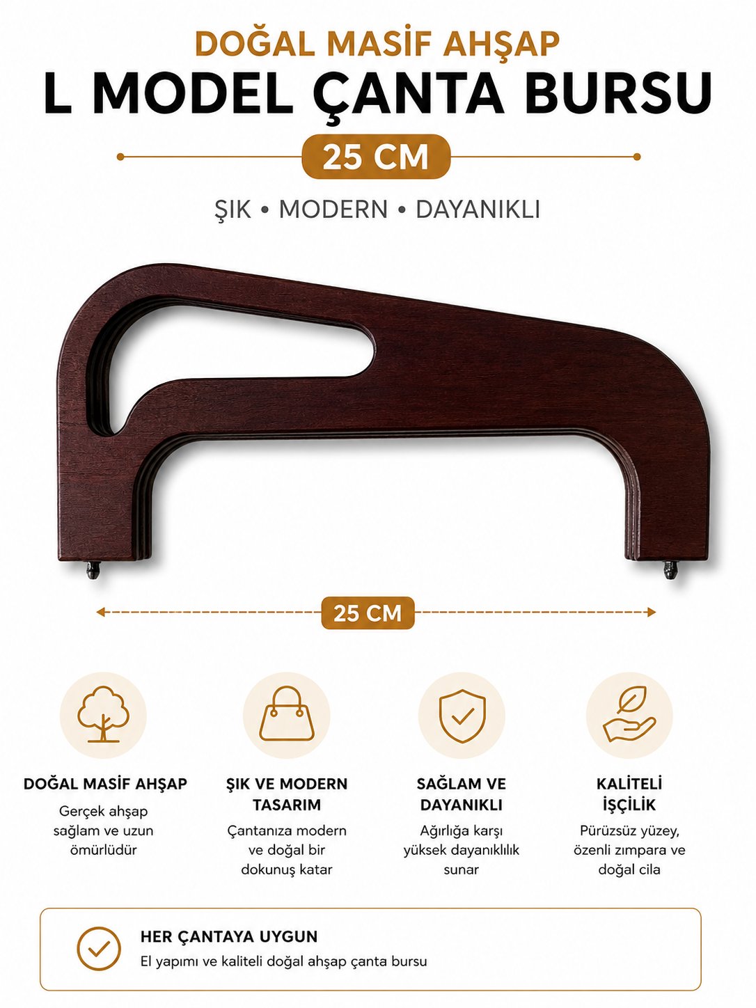 Doğal Masif Ahşap L Model Çanta Bursu 25 cm El Yapımı Çanta Çerçevesi Çanta Aparatı Çanta Aksesuarı, Kahverengi
