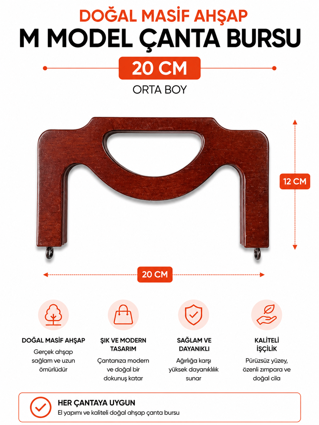 Doğal Masif Ahşap M Model Çanta Bursu 20 cm El Yapımı Çanta Çerçevesi Çanta Aparatı Çanta Aksesuarı,Kahverengi