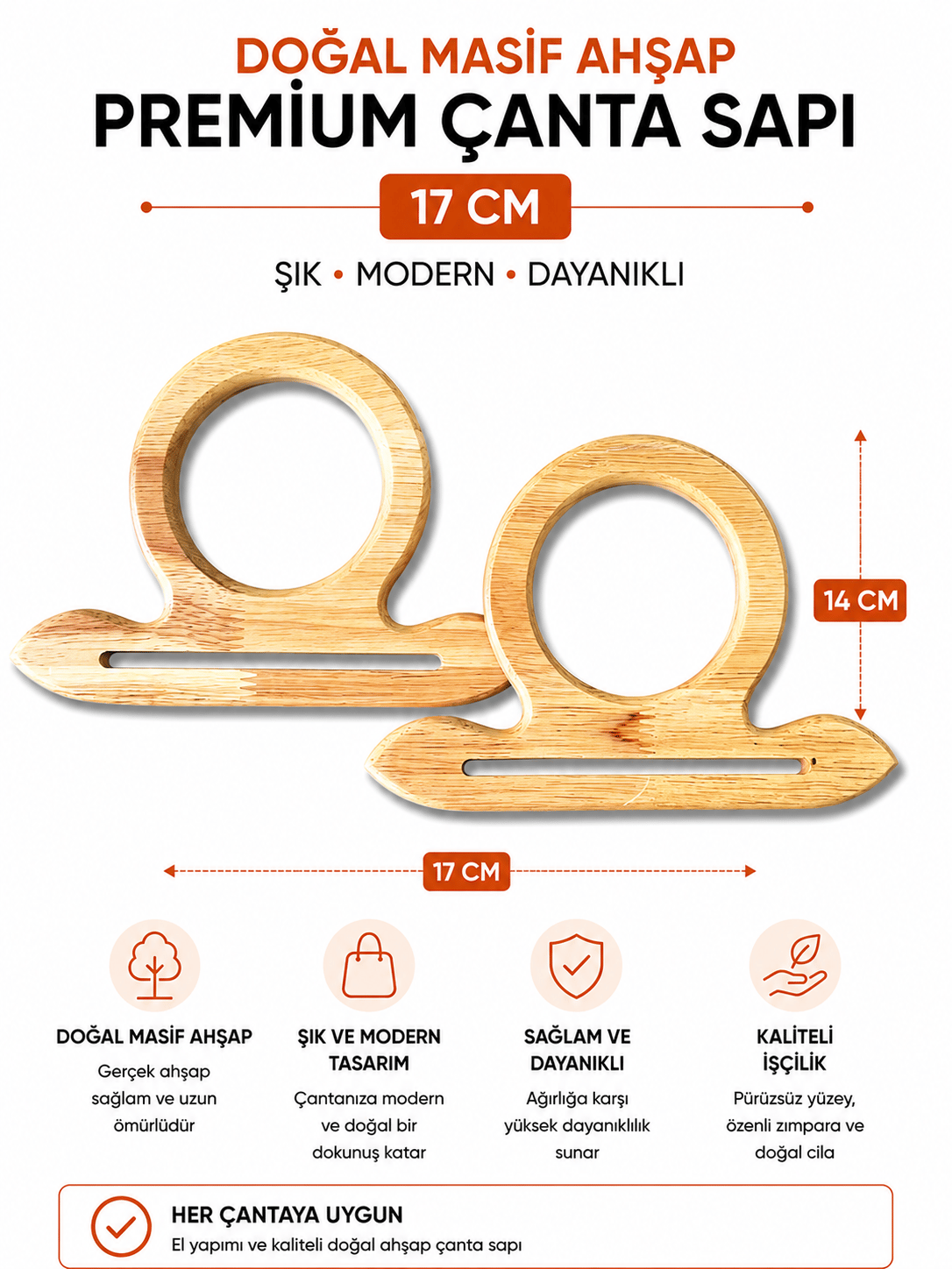 Doğal Masif Ahşap Premium Çanta Sapı 17 cm 1 Çift (2 Adet) El Yapımı Çanta Kulpu Çanta Aksesuarı,Naturel