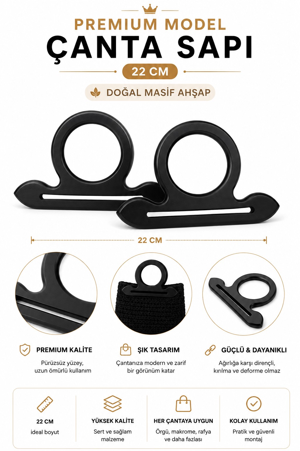 Doğal Masif Ahşap Premium Çanta Sapı 22 cm 1 Çift (2 Adet) El Yapımı Çanta Kulpu Çanta Aksesuarı,Siyah