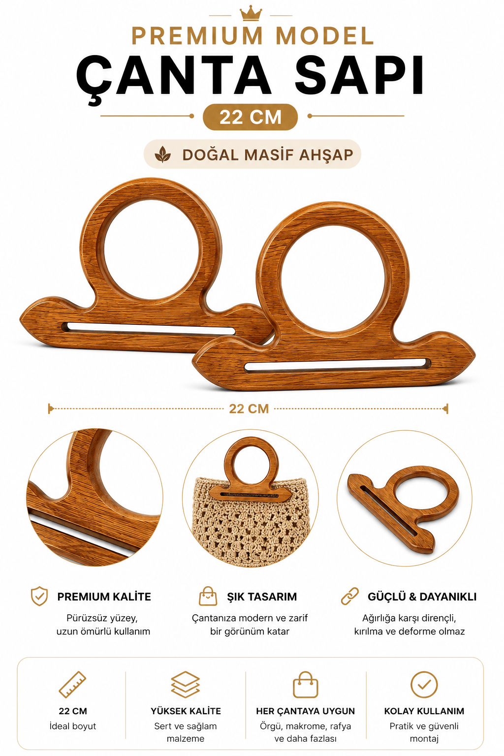 Doğal Masif Ahşap Premium Çanta Sapı 22 cm 1 Çift (2 Adet) El Yapımı Çanta Kulpu Çanta Aksesuarı,Masif