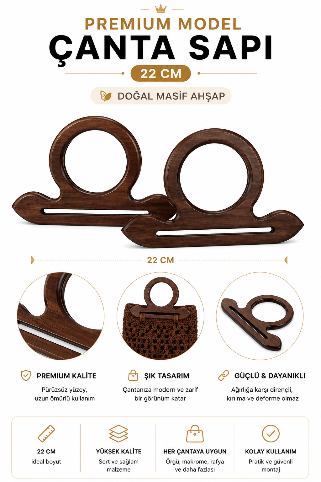 Doğal Masif Ahşap Premium Çanta Sapı 22 cm 1 Çift (2 Adet) El Yapımı Çanta Kulpu Çanta Aksesuarı,Kahverengi