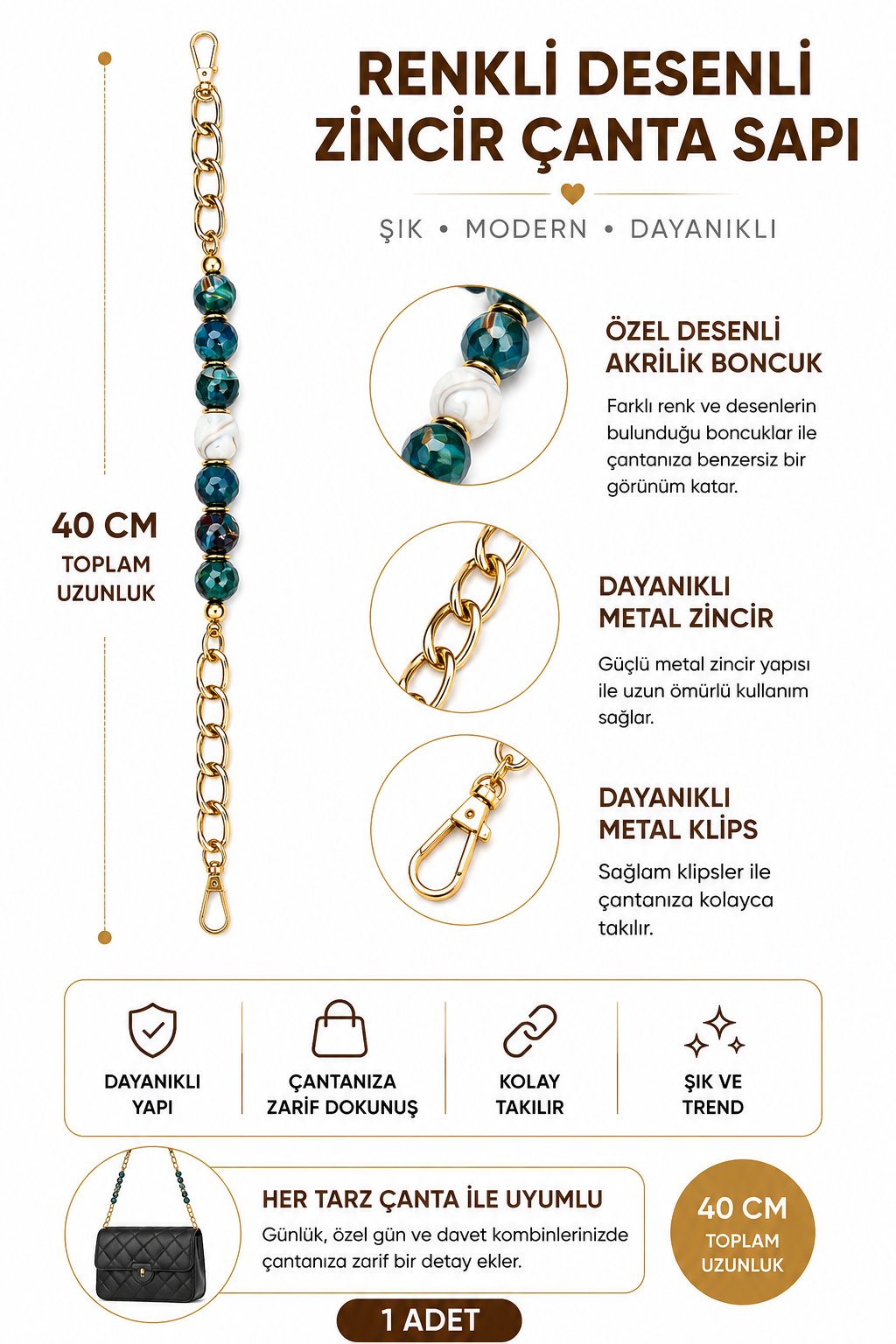 İnci Boncuklu Çanta Sapı 40 cm 1 Adet Metal Klipsli Çanta Askısı Çanta Aksesuarı,Model 6
