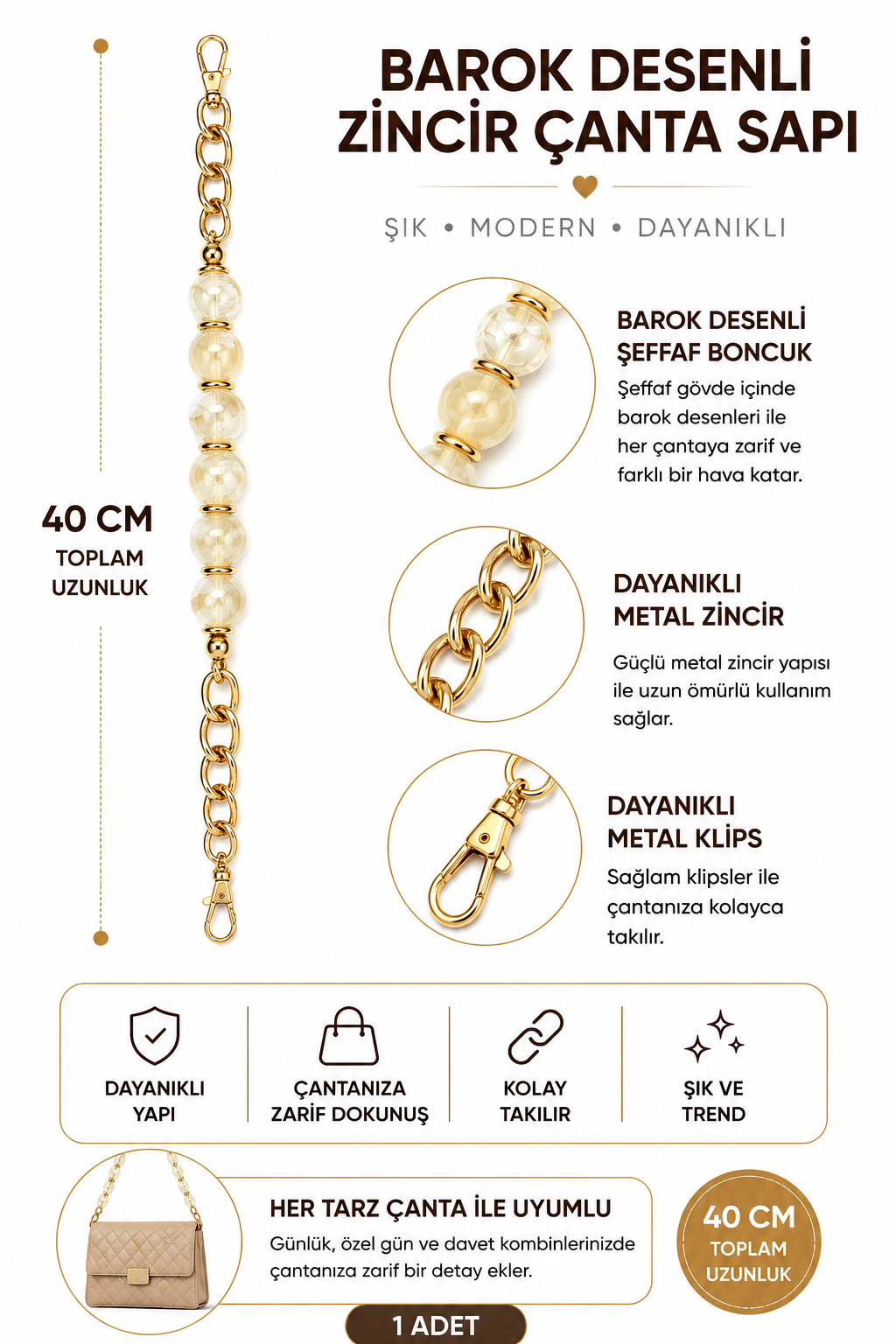 İnci Boncuklu Çanta Sapı 40 cm 1 Adet Metal Klipsli Çanta Askısı Çanta Aksesuarı,Model 5