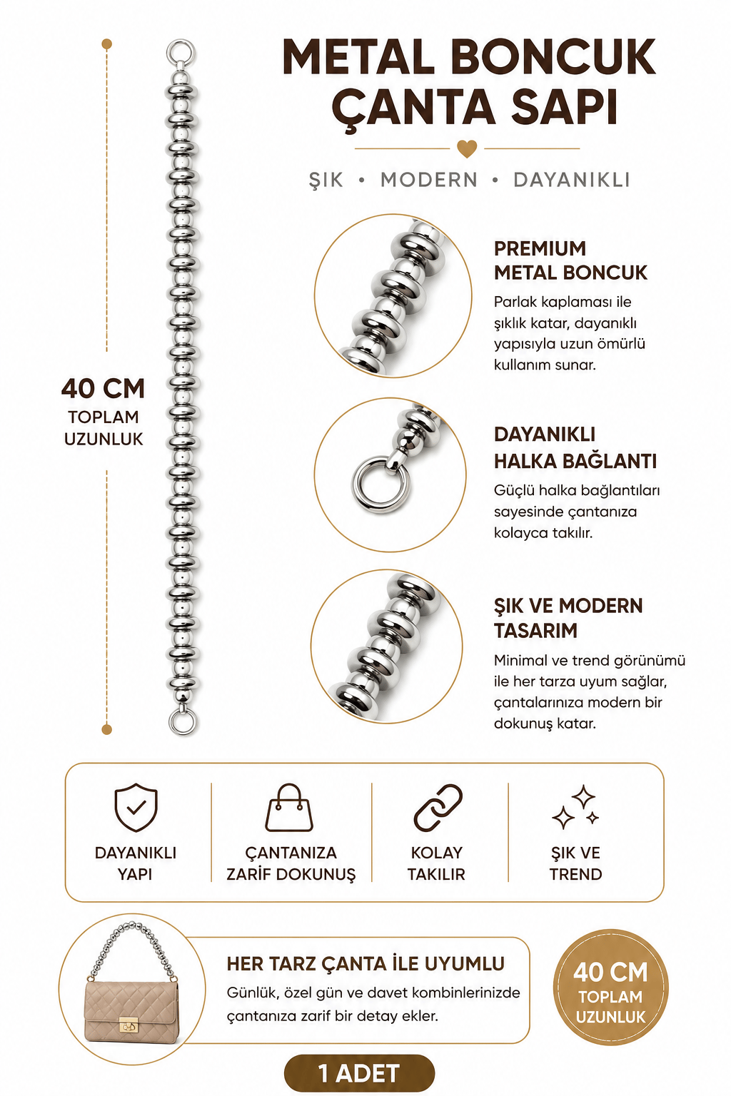 İnci Boncuklu Çanta Sapı 40 cm 1 Adet Metal Klipsli Çanta Askısı Çanta Aksesuarı,Model 2