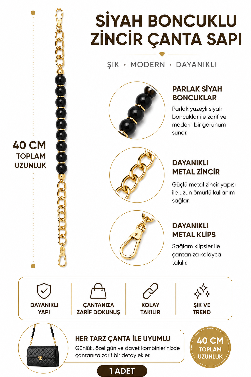 İnci Boncuklu Çanta Sapı 40 cm 1 Adet Metal Klipsli Çanta Askısı Çanta Aksesuarı,Model 8