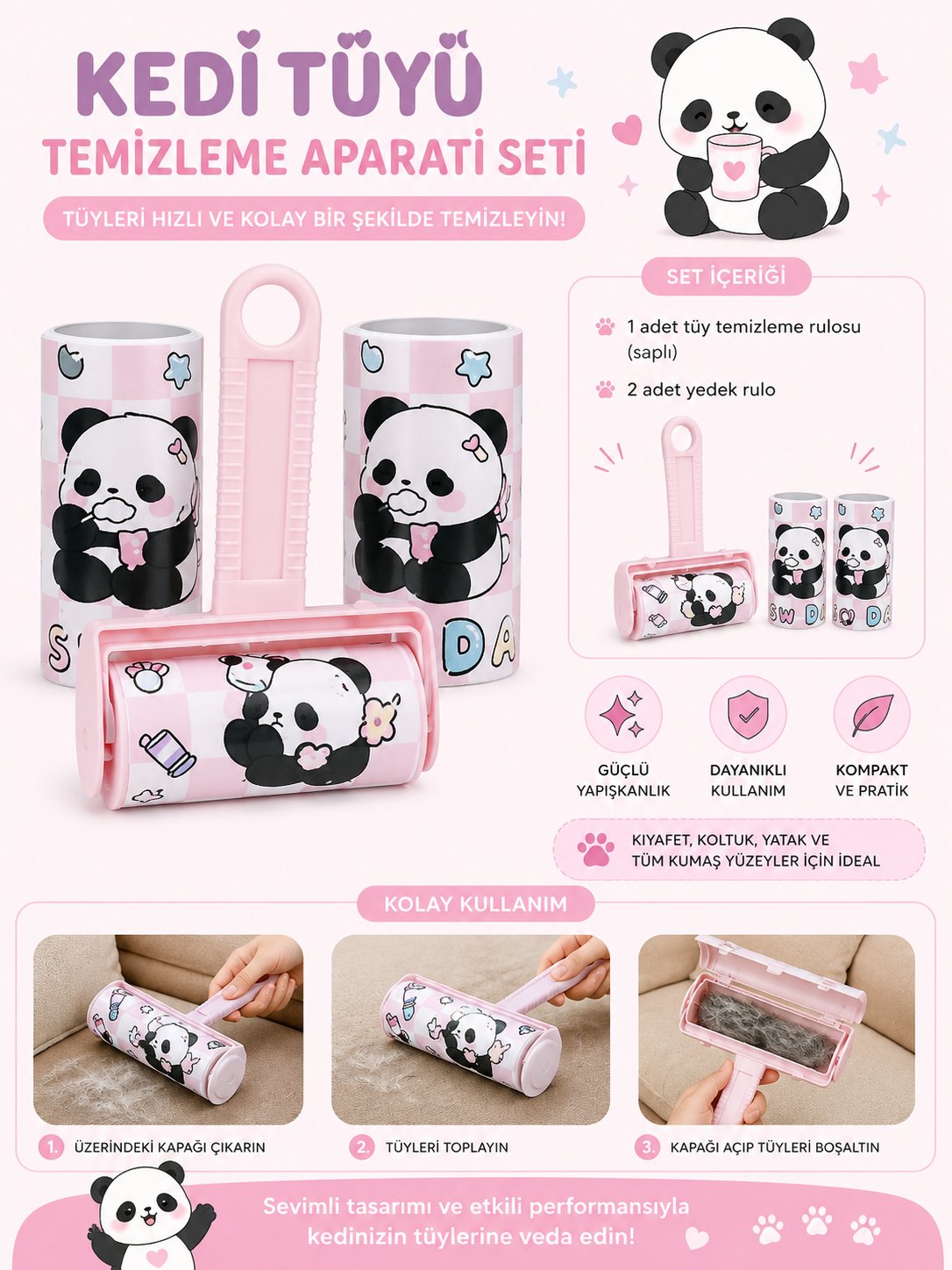 Kedi Tüyü Temizleme Aparatı Seti Saplı Tüy Toplama Rulosu 2 Yedek Rulo Dahil Kıyafet Koltuk Halı Kumaş Temizleyici, Pembe