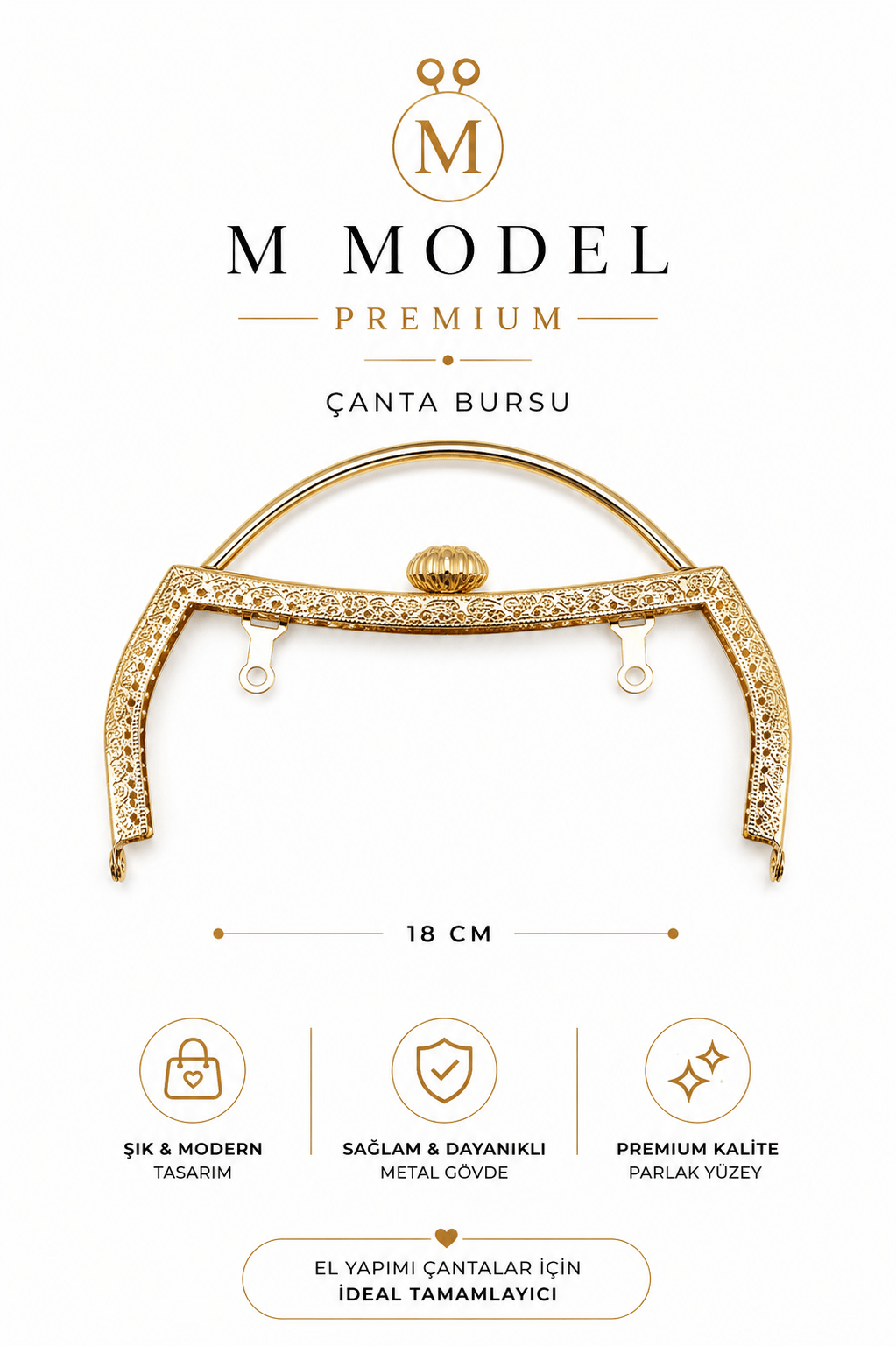 M Model Premium Çanta Bursu 18 cm Metal Çanta Çerçevesi Çanta Klipsi Çanta Ağzı El Yapımı Çanta Aksesuarı Gold