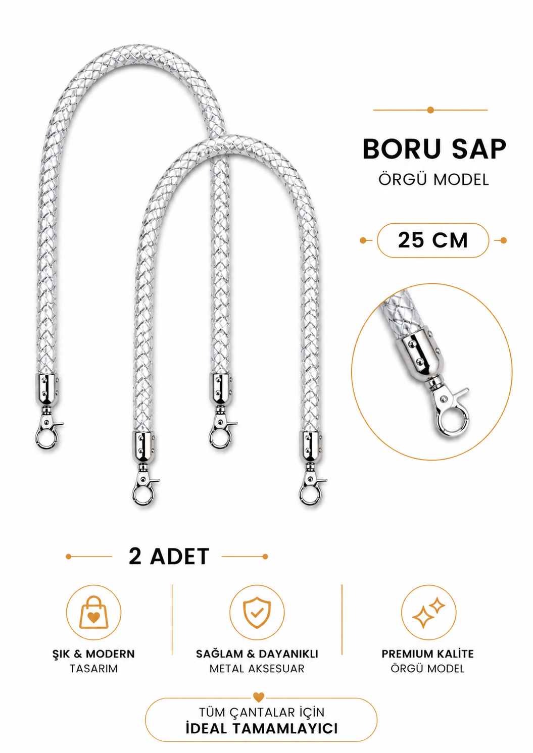 Örgü Model Boru Çanta Sapı 25 cm 1 Çift (2 Adet) Metal Klipsli Çanta Kulpu Çanta Aksesuarı,Gümüş