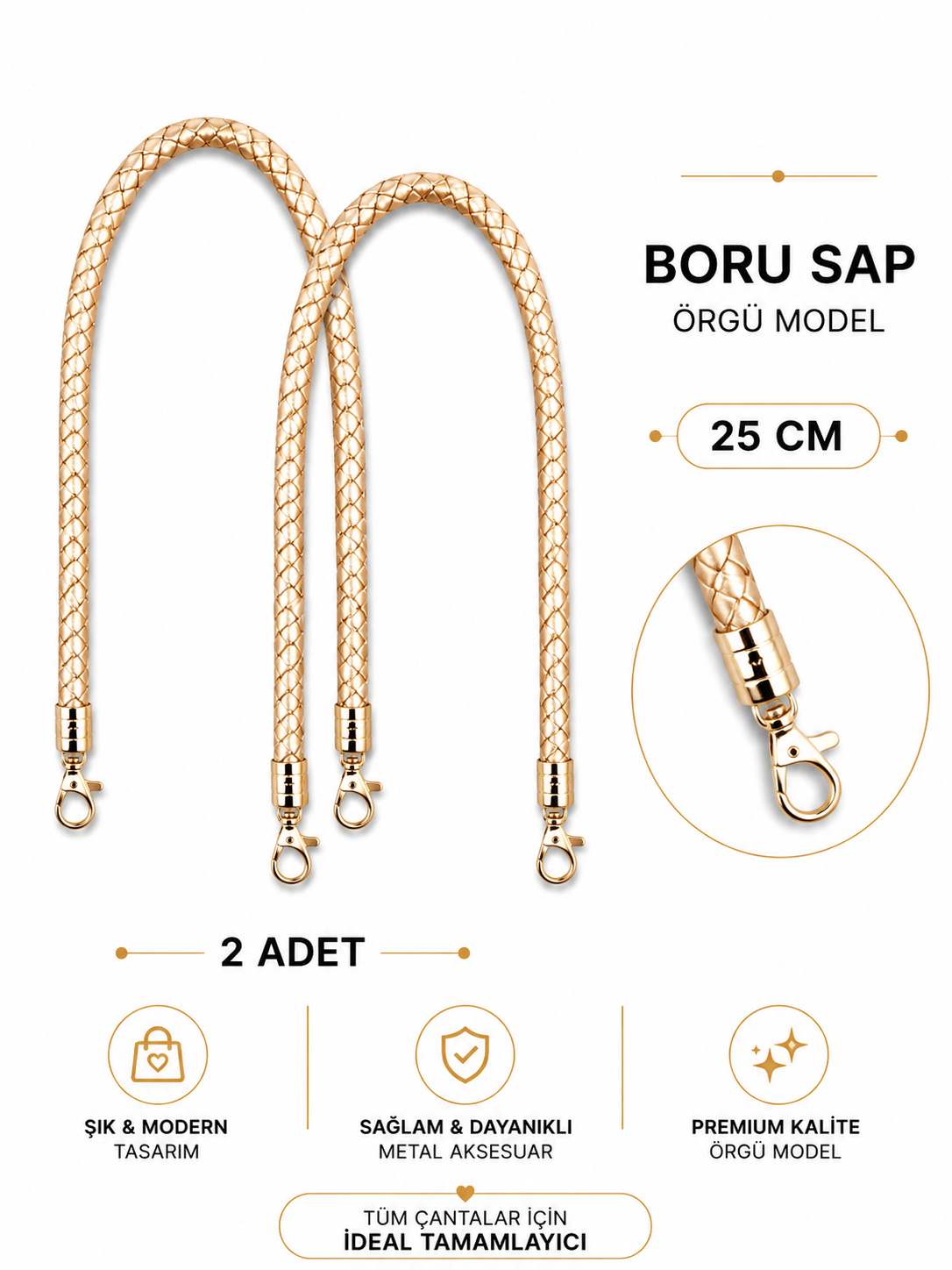 Örgü Model Boru Çanta Sapı 25 cm 1 Çift (2 Adet) Metal Klipsli Çanta Kulpu Çanta Aksesuarı,Altın Sarısı