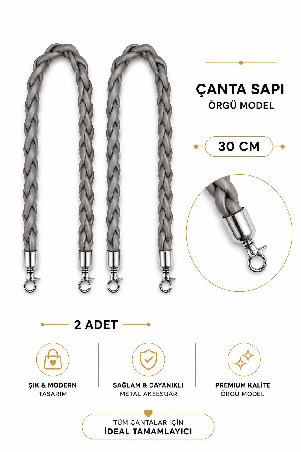 Örgü Model Çanta Sapı 30 cm 2 Adet Suni Deri Çanta Kulpu Metal Karabinalı El Yapımı Çanta Askısı Taş Rengi