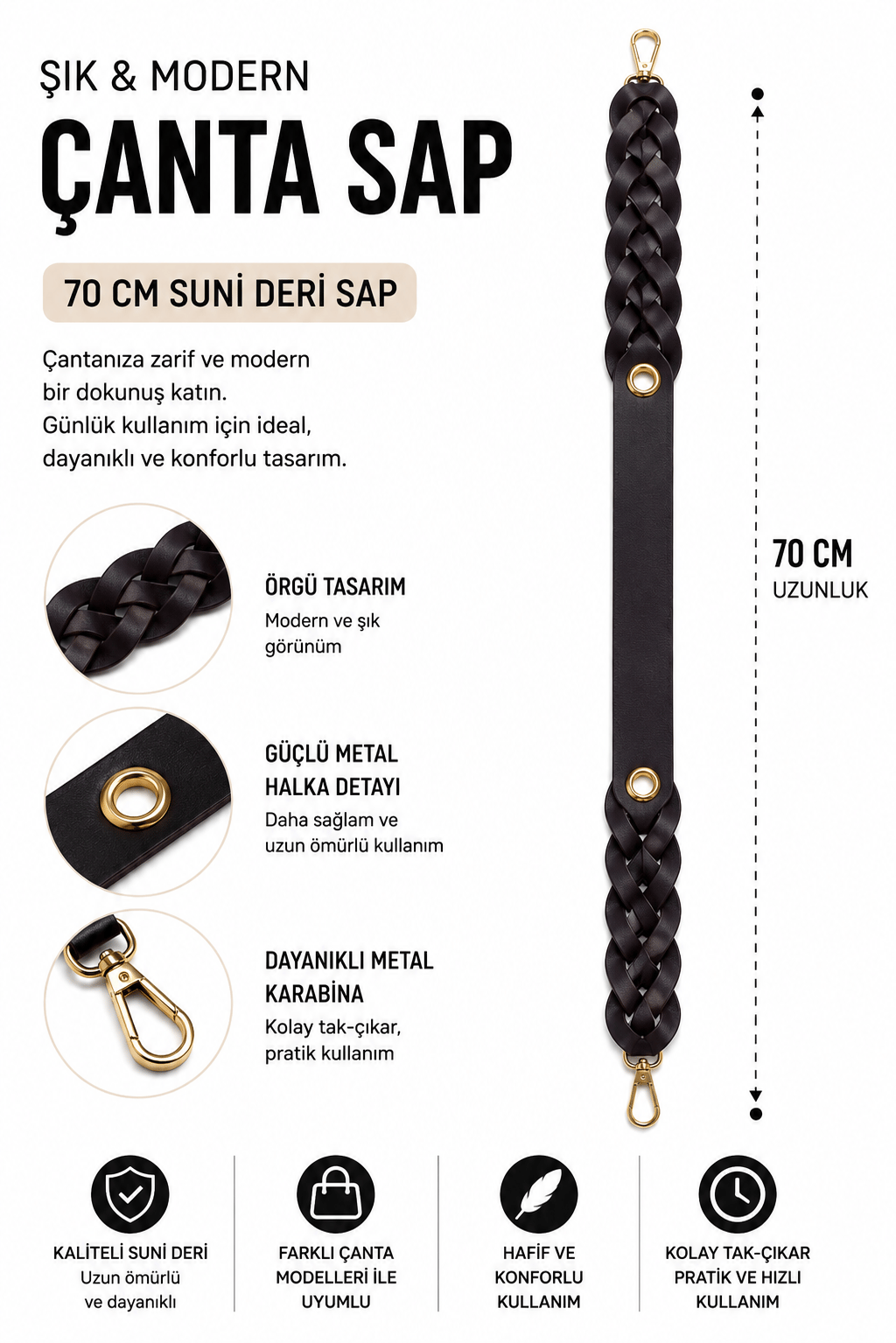 Suni Deri Örgü Çanta Sapı 70 cm Metal Karabinalı Çanta Askısı Çanta Aksesuarı,Siyah