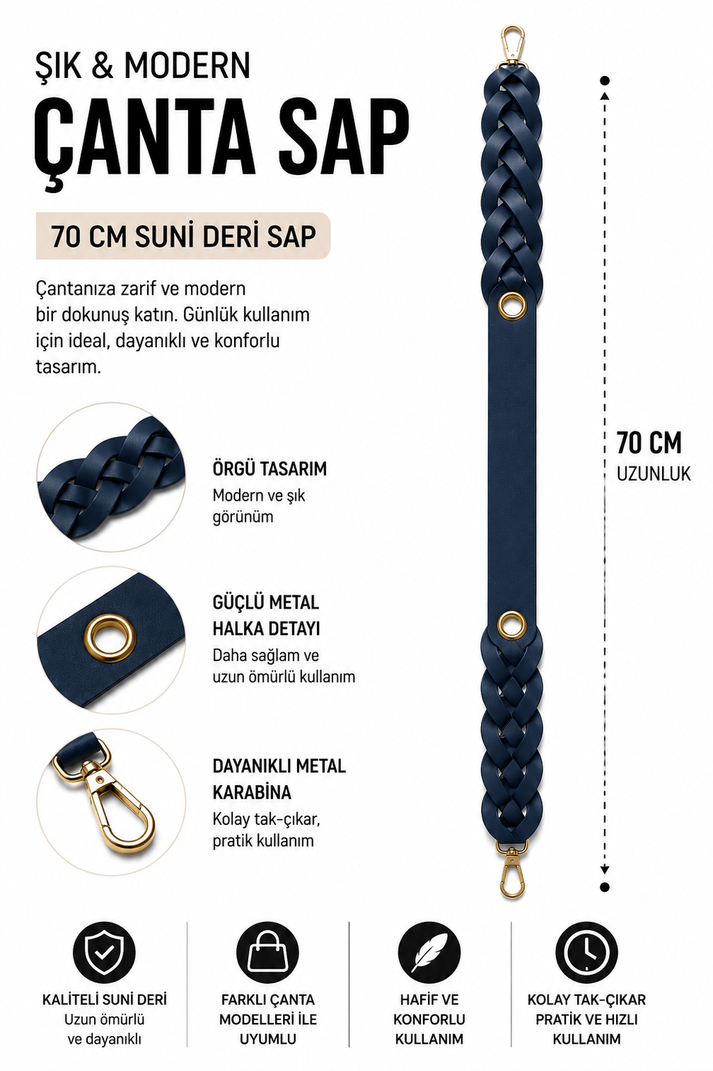 Suni Deri Örgü Çanta Sapı 70 cm Metal Karabinalı Çanta Askısı Çanta Aksesuarı,Lacivert